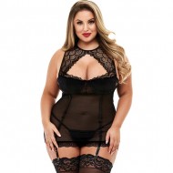 Halter Mini Vestido Negro con Liguero