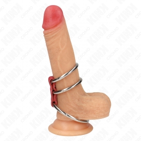 Anillo de pene triple de metal 3,7 a 5 cm conectado con cuero rojo
