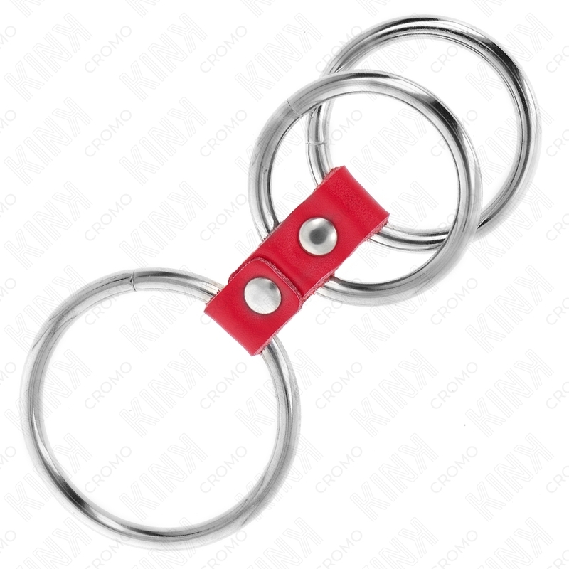 Anillo de pene triple de metal 3,7 a 5 cm conectado con cuero rojo