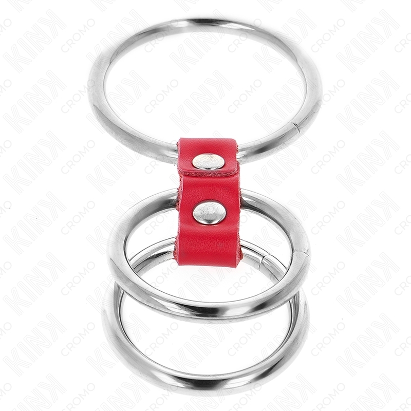 Anillo de pene triple de metal 3,7 a 5 cm conectado con cuero rojo