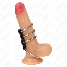 Set de 4 anillos de pene metálicos conectados con cuero 3,7-5 cm