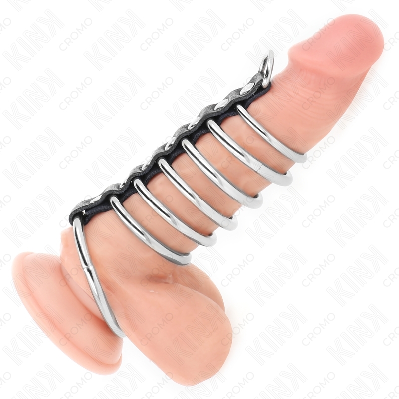 Set de 7 anillos de pene metálicos conectados con cuero 3,2-5 cm