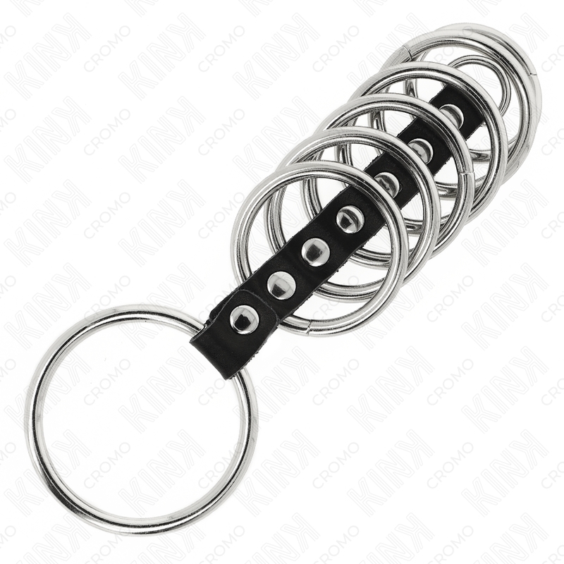 Set de 7 anillos de pene metálicos conectados con cuero 3,2-5 cm