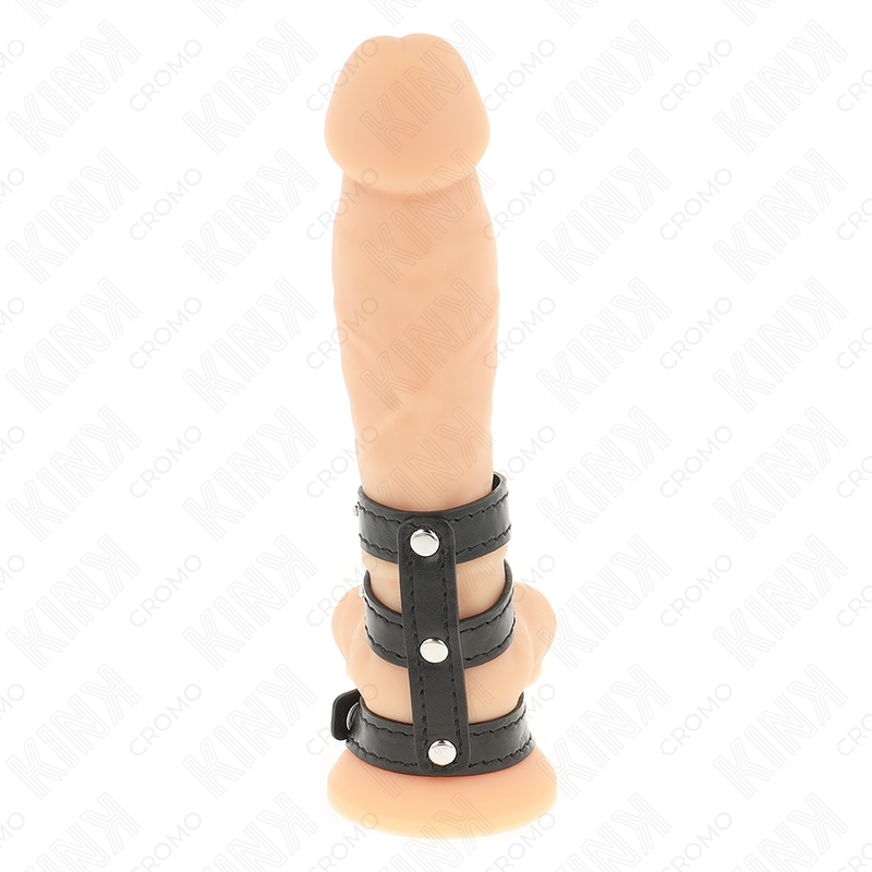 Anillo de pene triple de cuero con cierre de presión