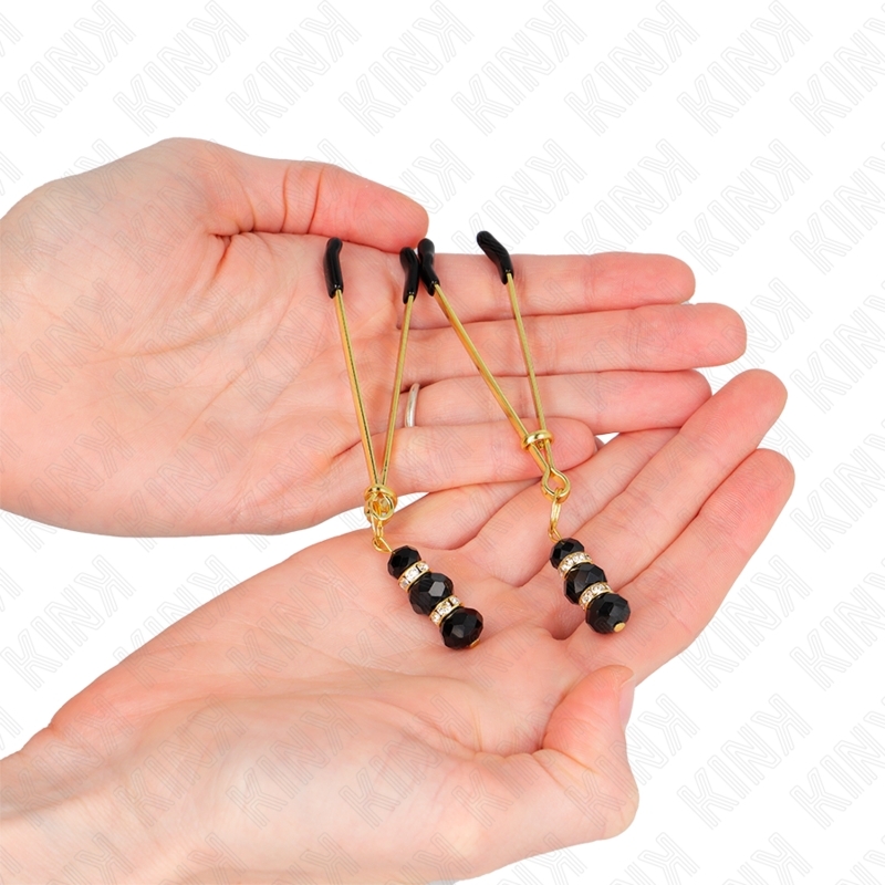 Pinzas para pezones finas con 3 cuentas de cristal negro 7 cm