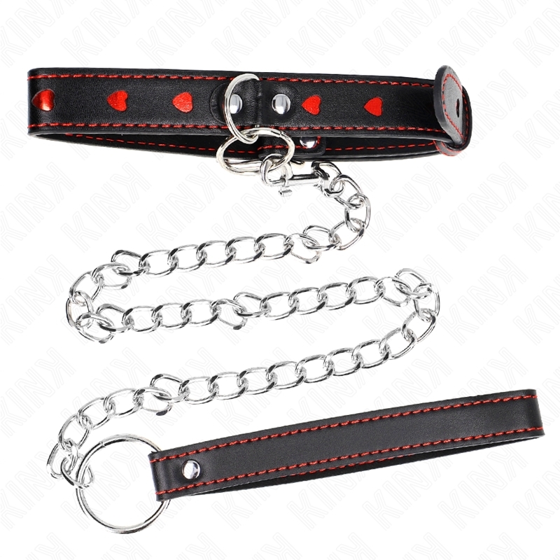 Collar de sumisión con detalles de corazones y correa de 65 cm ajuste 52,5 x 2,5 cm