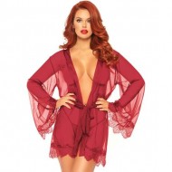 Bata Transparente con Encaje y Tanga - Rojo