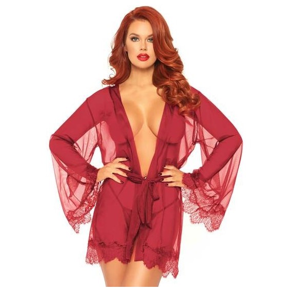 Bata Transparente con Encaje y Tanga - Rojo