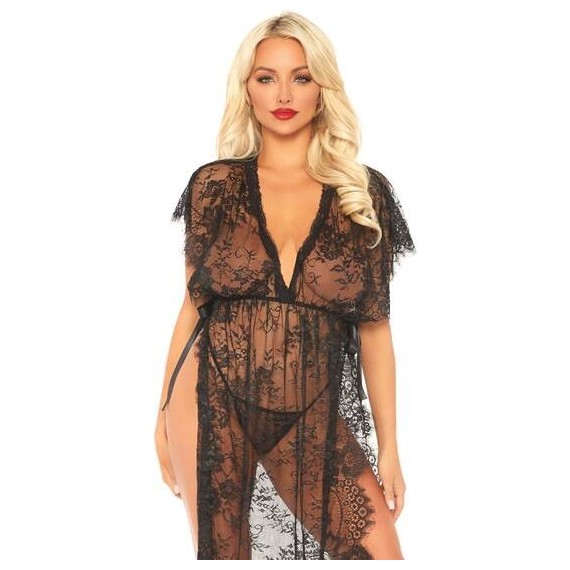 Caftán de Encaje con Tanga a Juego Negro