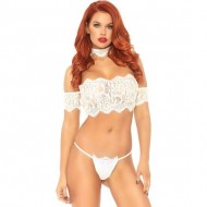 Conjunto de Encaje Collar, Top y Tanga - Blanco