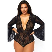 Body de Encaje con Mangas Campana - Negro