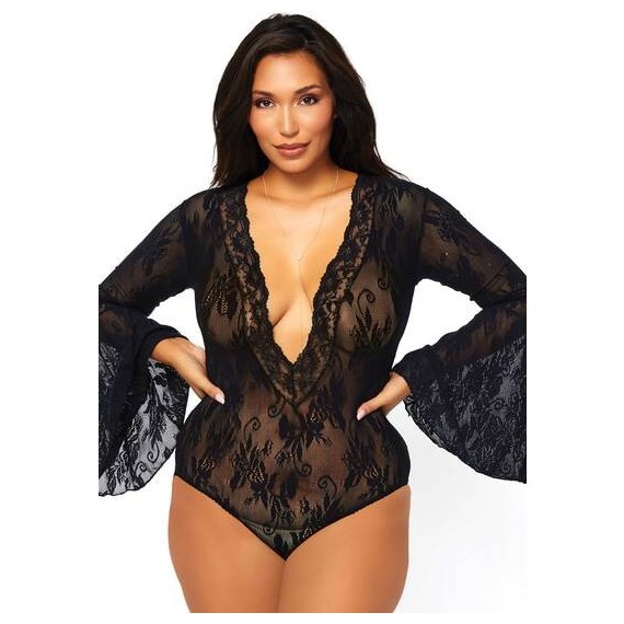 Body de Encaje con Mangas Campana - Negro