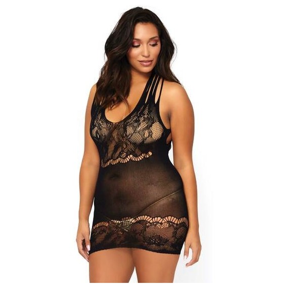 Mini Vestido Encaje Floral con Tiras Negro