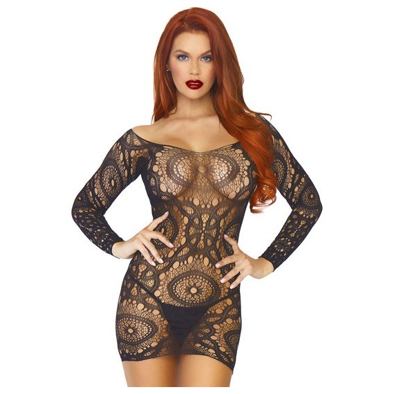 Mini Vestido Crochet Manga Larga - Negro