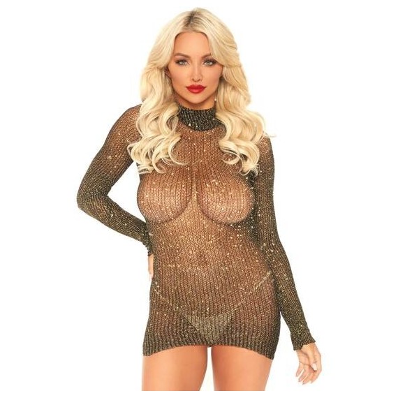 Mini Vestido Lurex Manga Larga Brillante Negro / Oro