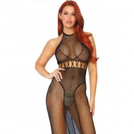 Vestido Largo de Red con Escote Halter - Negro