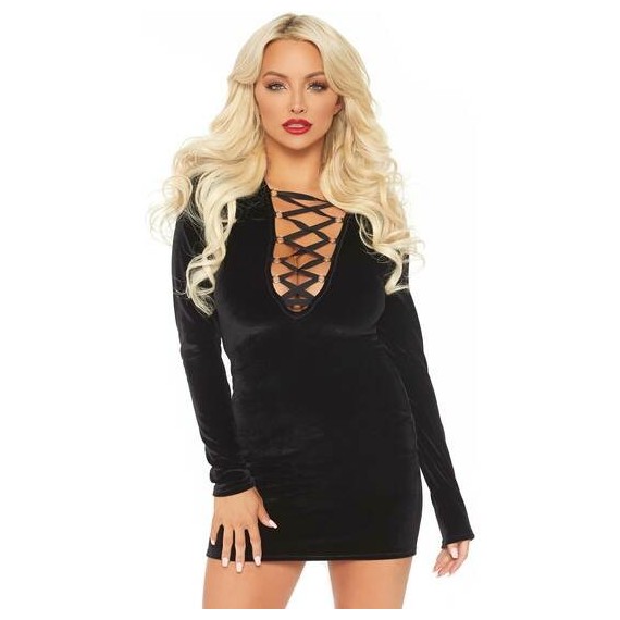 Vestido Velvet Manga Larga con Cordón Negro