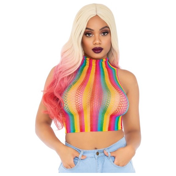 Top Corto De Red De Cuello Alto Con Estampado - Arco Iris