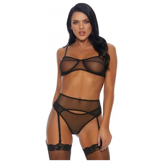 Conjunto Sujetador, Braguita y Ligueros - Negro